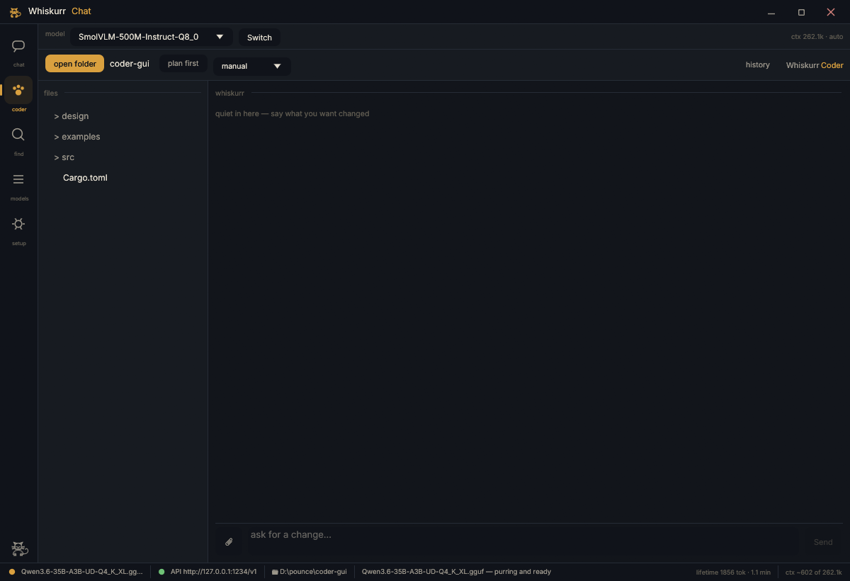 Whiskurr Coder: a Rust project's file tree on the left, plan-first and manual mode controls in the header, and the agent panel on the right, ready for a request.